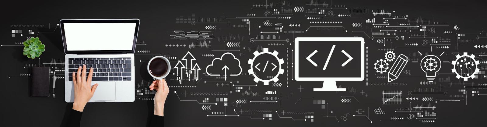 Laptop surrounded by web development and code icons