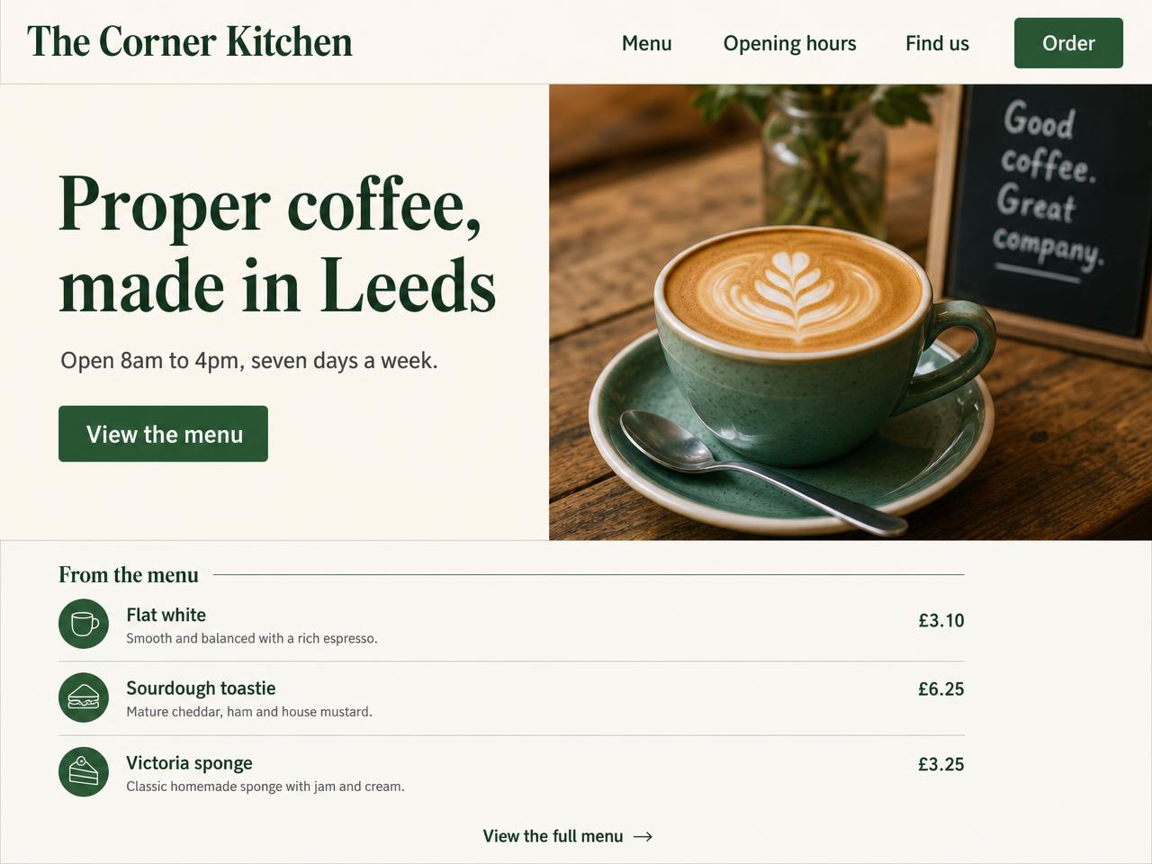 Website design for an independent Leeds coffee shop, showing opening hours, a latte photo and a menu list with prices for flat white, sourdough toastie and Victoria sponge