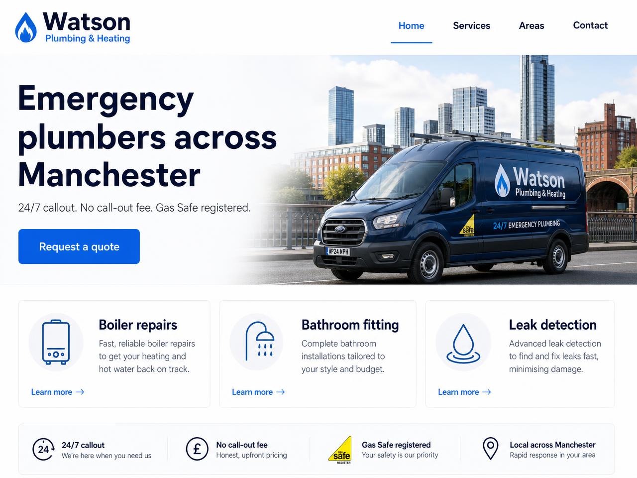 Website design for a Manchester plumbing and heating firm, showing an emergency callout headline, a Request a quote button and service cards for boiler repairs, bathroom fitting and leak detection